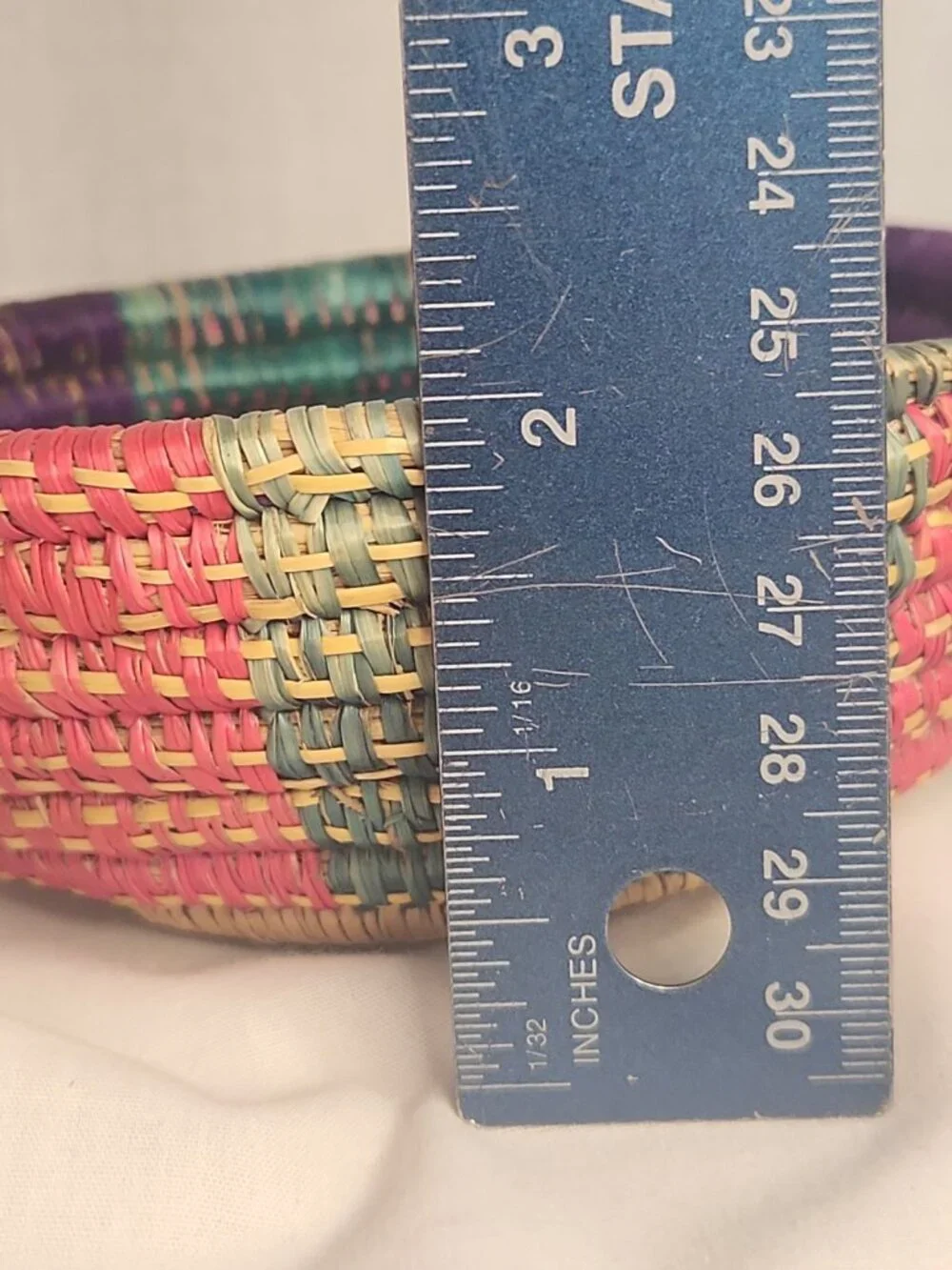 Handcrafted Round Basket Bolga Style Pink Purple Teal Keys Jewelry Trinkets